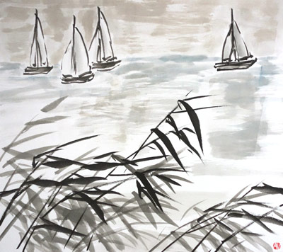 Sail Boats On The Lake - on shikishi board