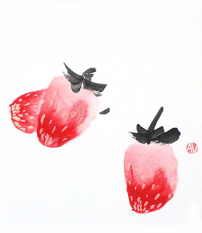Strawberries — Sumi-e Original Painting on Shikishi Board