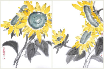 Sunflowers — set of 2 sumi-e art pieces