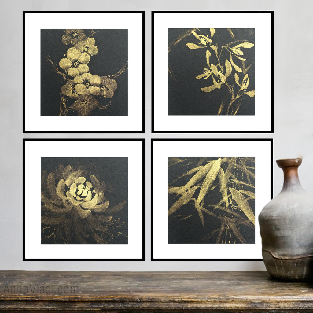Four Noble Gentlemen: set of 4 sumi-e paintings in Gold on Black