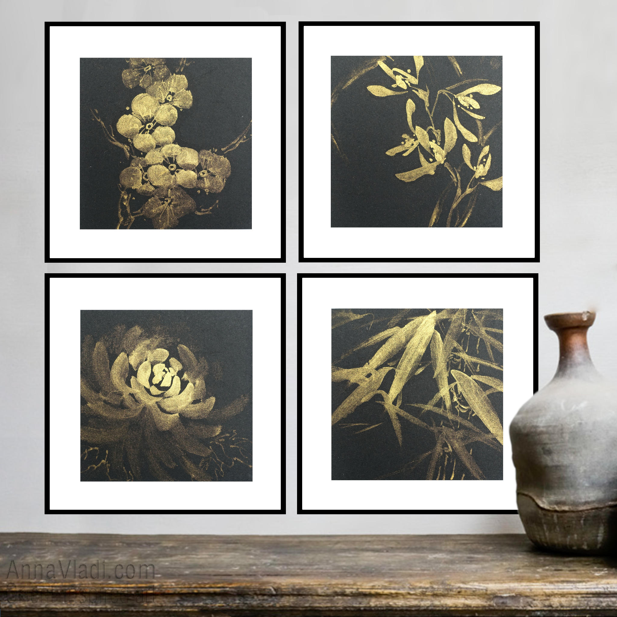 Four Noble Gentlemen: set of 4 sumi-e paintings in Gold on Black