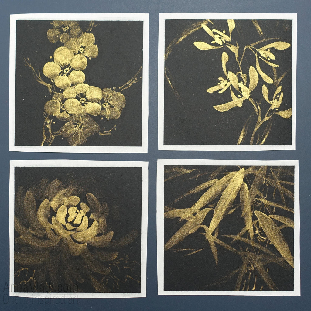 Four Noble Gentlemen: set of 4 sumi-e paintings in Gold on Black