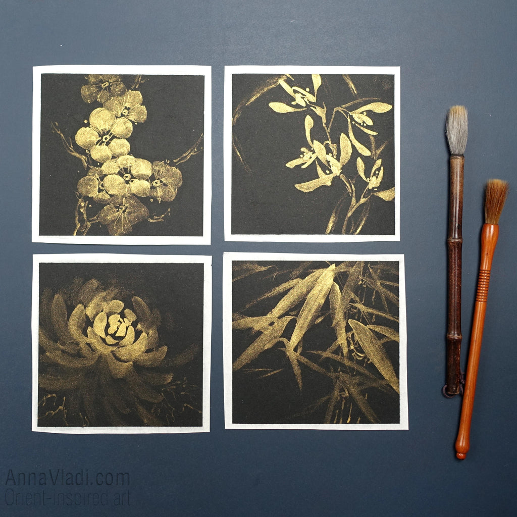 Four Noble Gentlemen: set of 4 sumi-e paintings in Gold on Black
