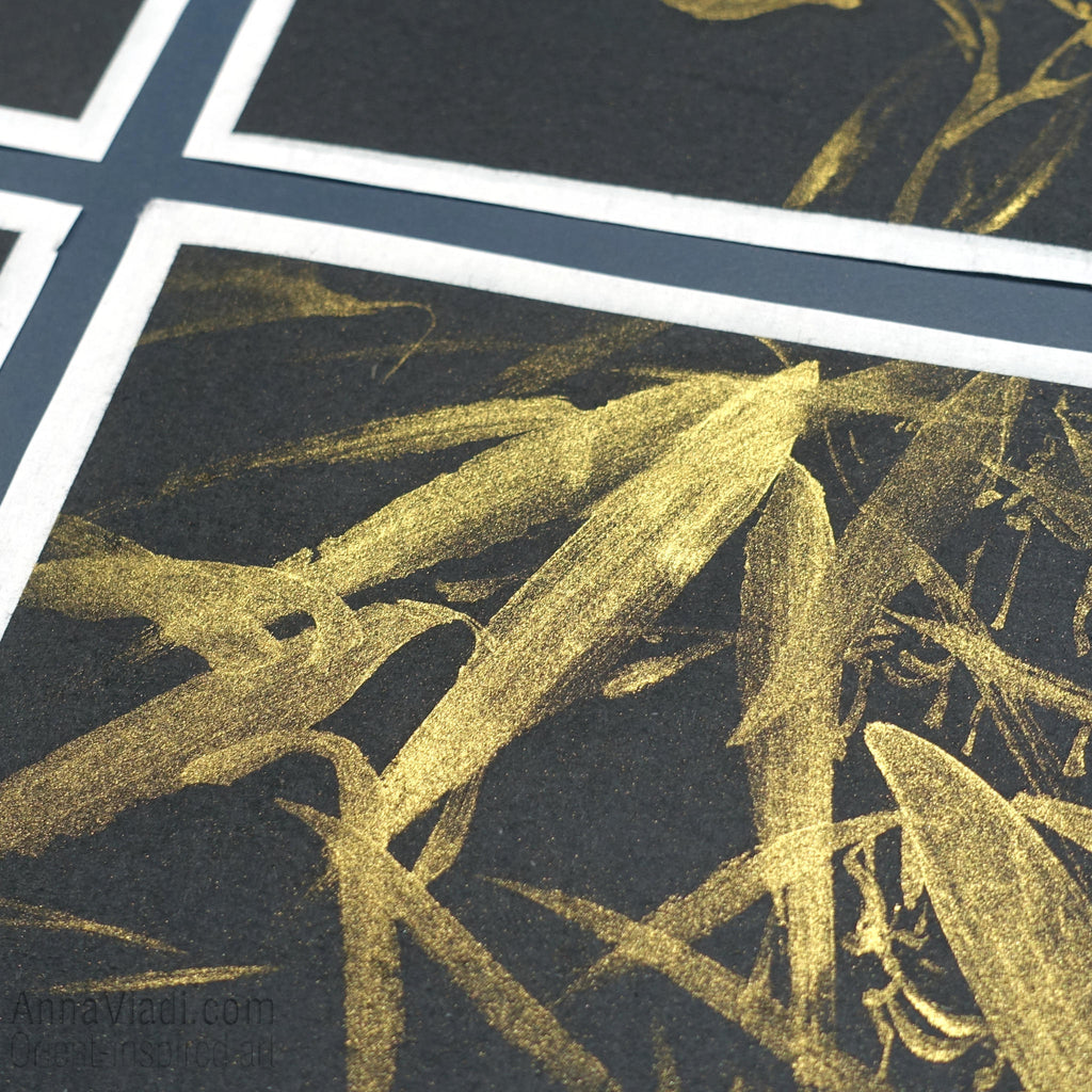 Four Noble Gentlemen: set of 4 sumi-e paintings in Gold on Black