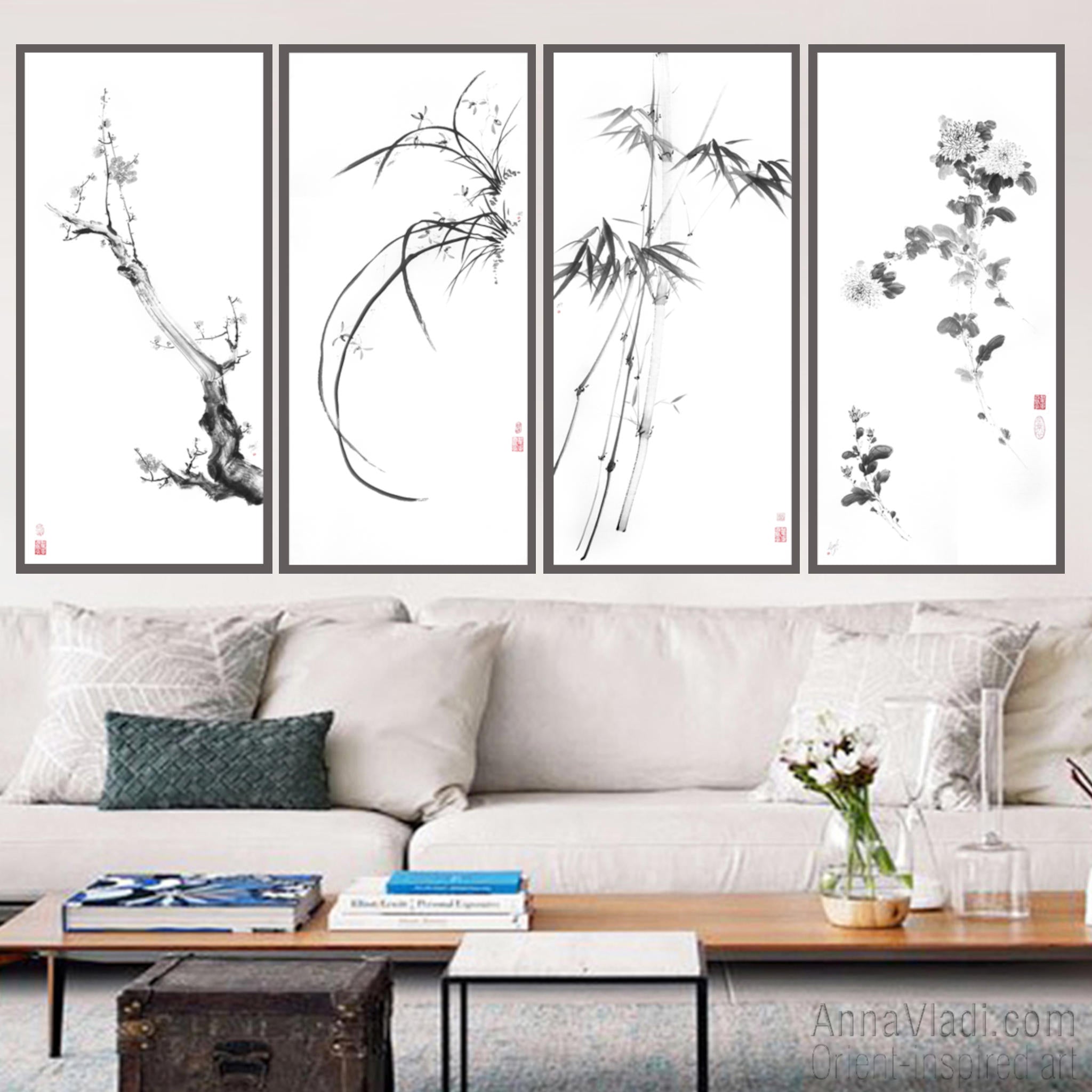 Four Noble Gentlemen Sumi-e X-Large Paintings