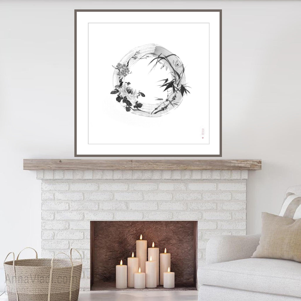 Four Noble Gentlemen Sumi-e Painting, Enso Zen Circle Art