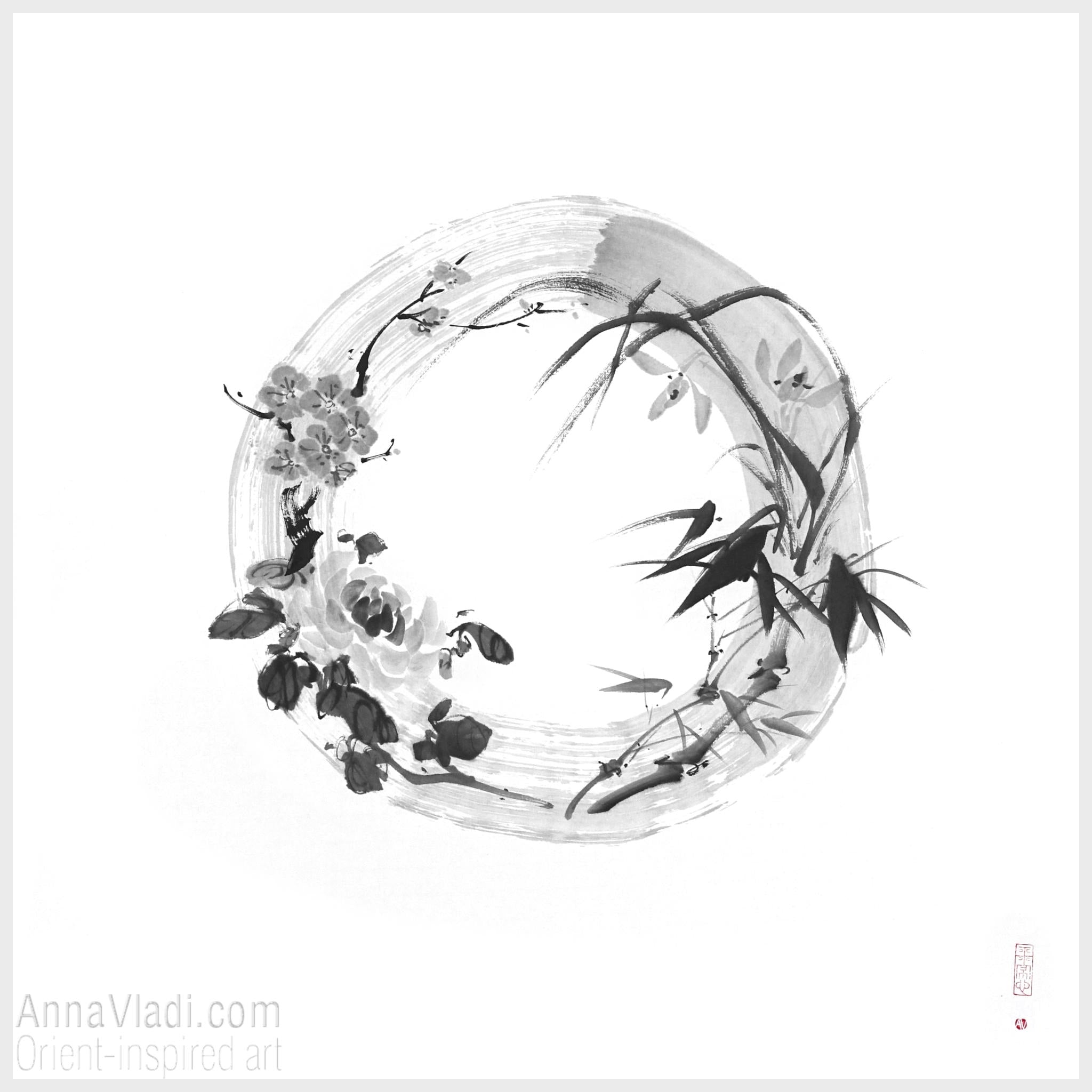 Four Noble Gentlemen Sumi-e Painting, Enso Zen Circle Art