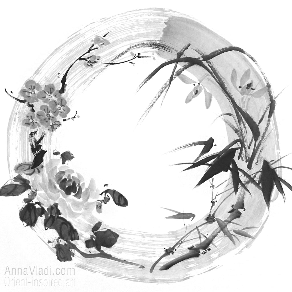 Four Noble Gentlemen Sumi-e Painting, Enso Zen Circle Art