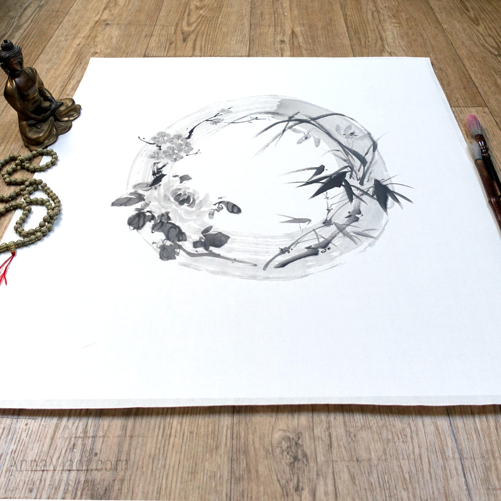 Four Noble Gentlemen Sumi-e Painting, Enso Zen Circle Art