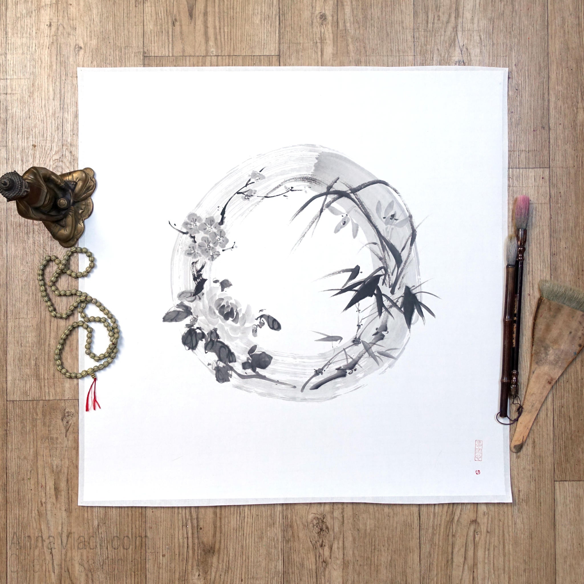 Four Noble Gentlemen Sumi-e Painting, Enso Zen Circle Art