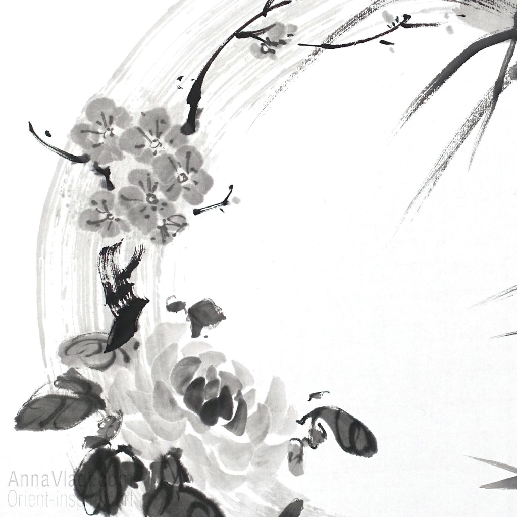 Four Noble Gentlemen Sumi-e Painting, Enso Zen Circle Art