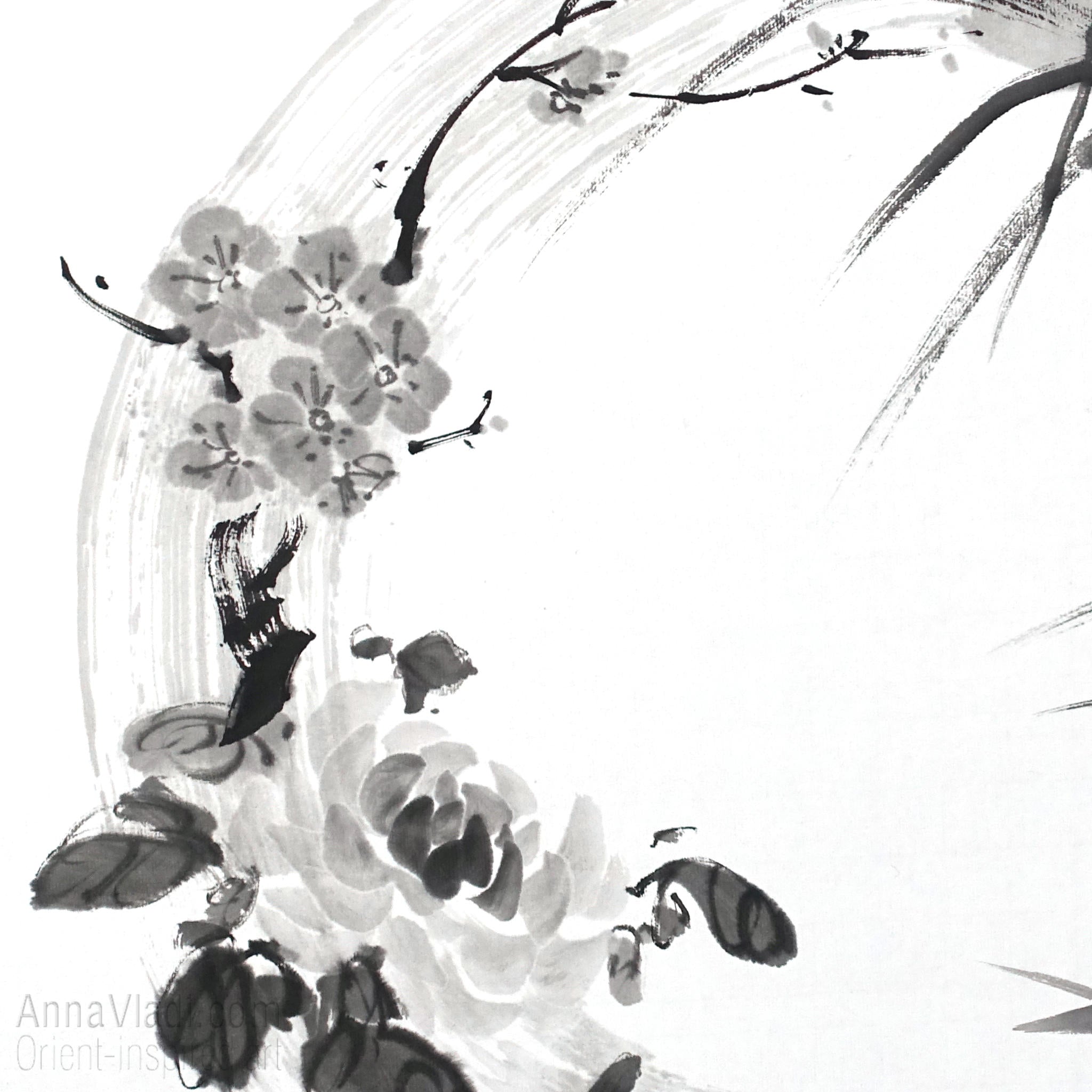 Four Noble Gentlemen Sumi-e Painting, Enso Zen Circle Art