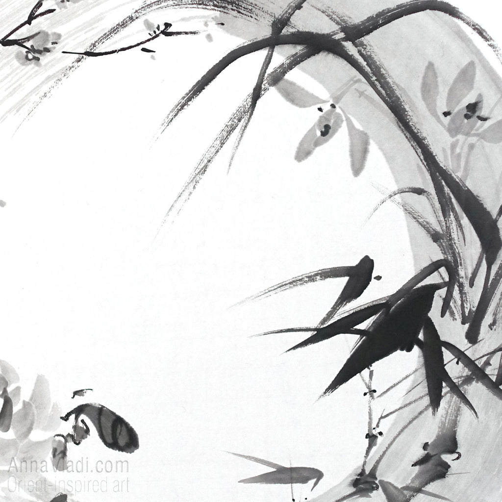 Four Noble Gentlemen Sumi-e Painting, Enso Zen Circle Art