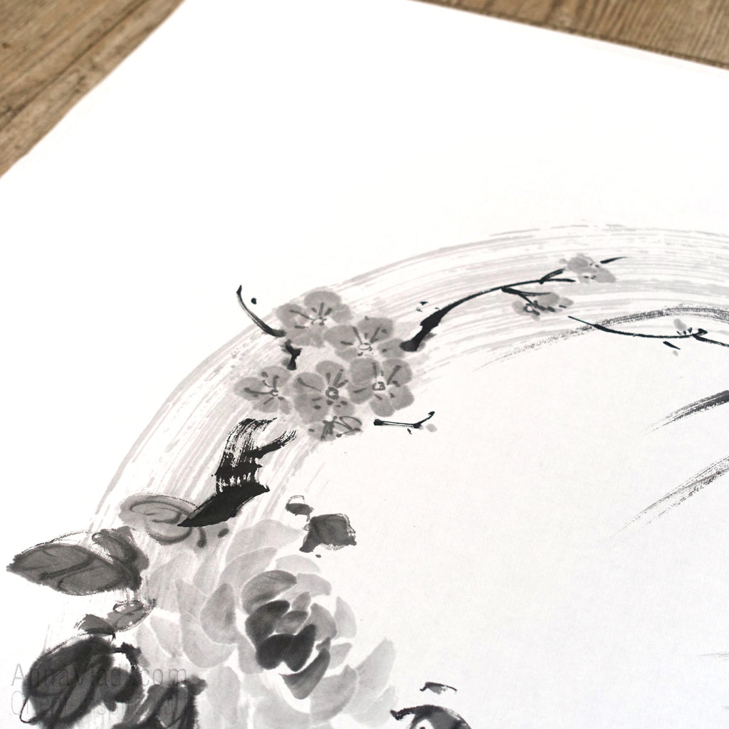 Four Noble Gentlemen Sumi-e Painting, Enso Zen Circle Art