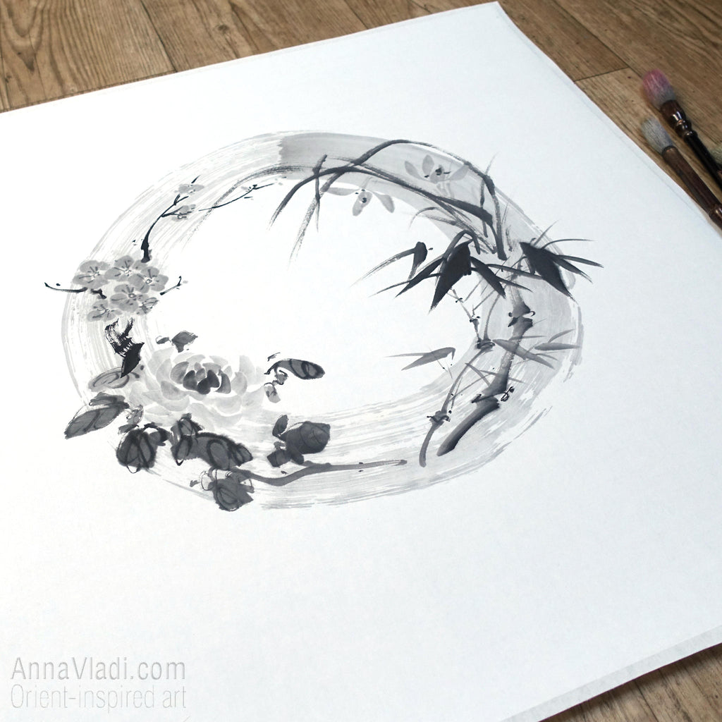 Four Noble Gentlemen Sumi-e Painting, Enso Zen Circle Art