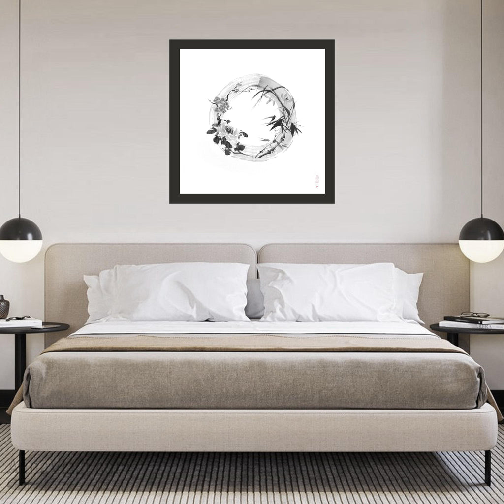 Four Noble Gentlemen Sumi-e Painting, Enso Zen Circle Art