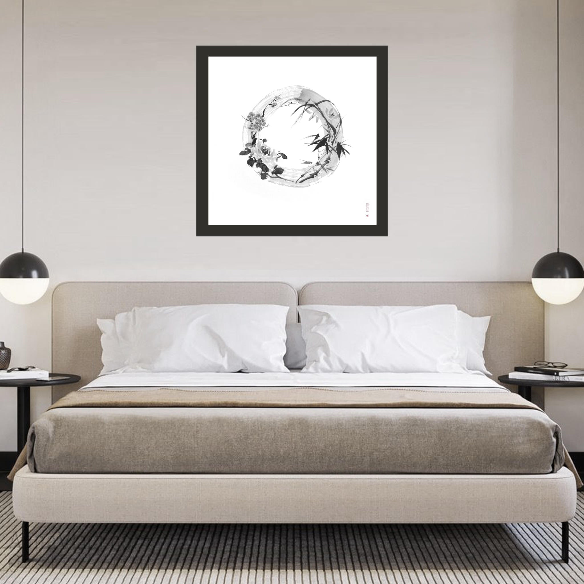 Four Noble Gentlemen Sumi-e Painting, Enso Zen Circle Art