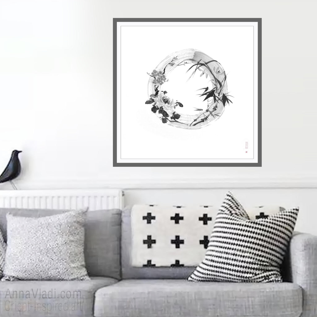 Four Noble Gentlemen Sumi-e Painting, Enso Zen Circle Art