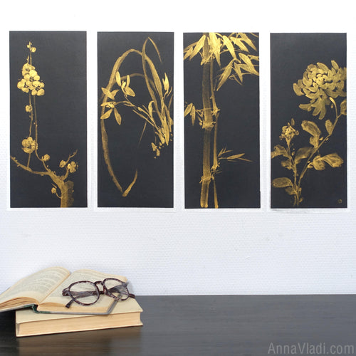 Four Nobles Sumi-e Paintings: Plum Blossom, Orchid, Bamboo, Chrysanthemum