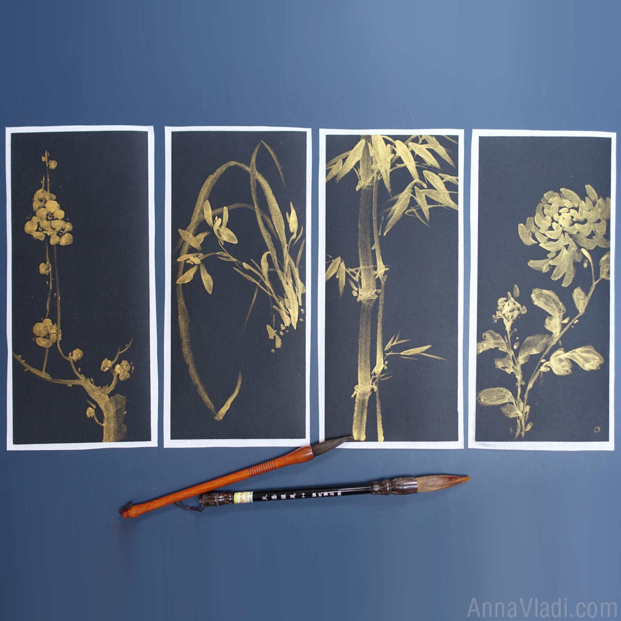 Four Nobles Sumi-e Paintings: Plum Blossom, Orchid, Bamboo, Chrysanthemum