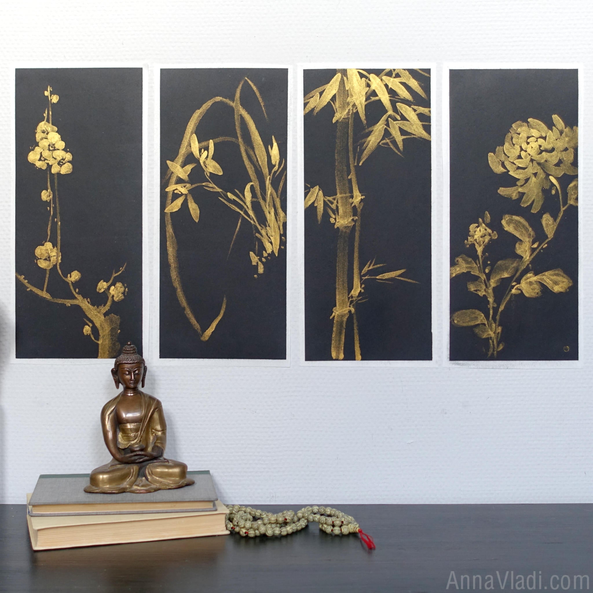 Four Nobles Sumi-e Paintings: Plum Blossom, Orchid, Bamboo, Chrysanthemum