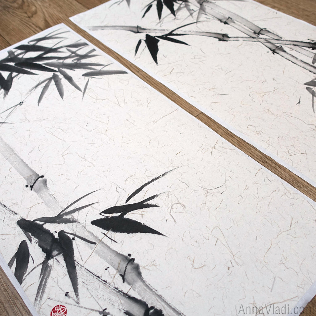 Sumi-e Bamboo Painting Set: Japanese Ink Art on Rice Paper