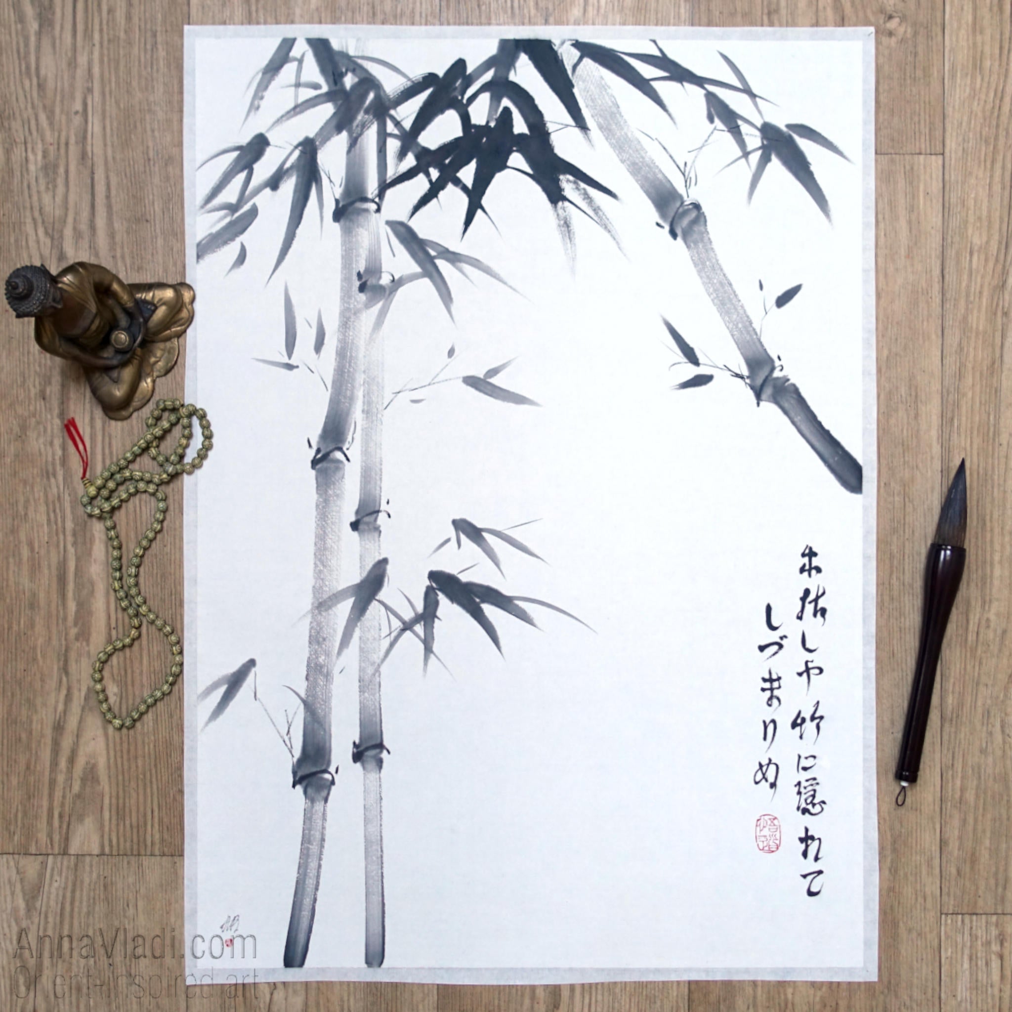 Sumi-e Winter Bamboo Painting: Japanese Haiku Calligraphy Art