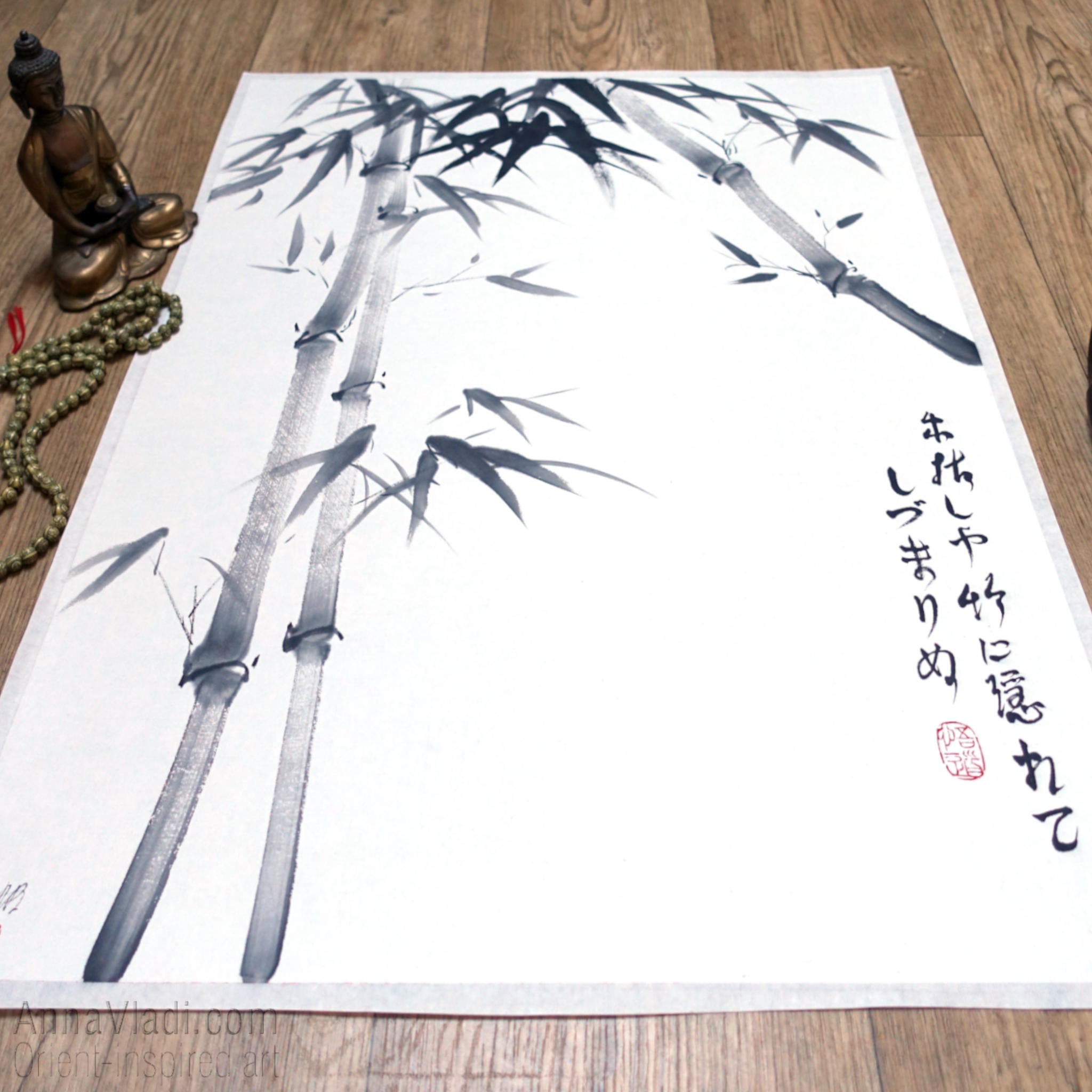 Sumi-e Winter Bamboo Painting: Japanese Haiku Calligraphy Art