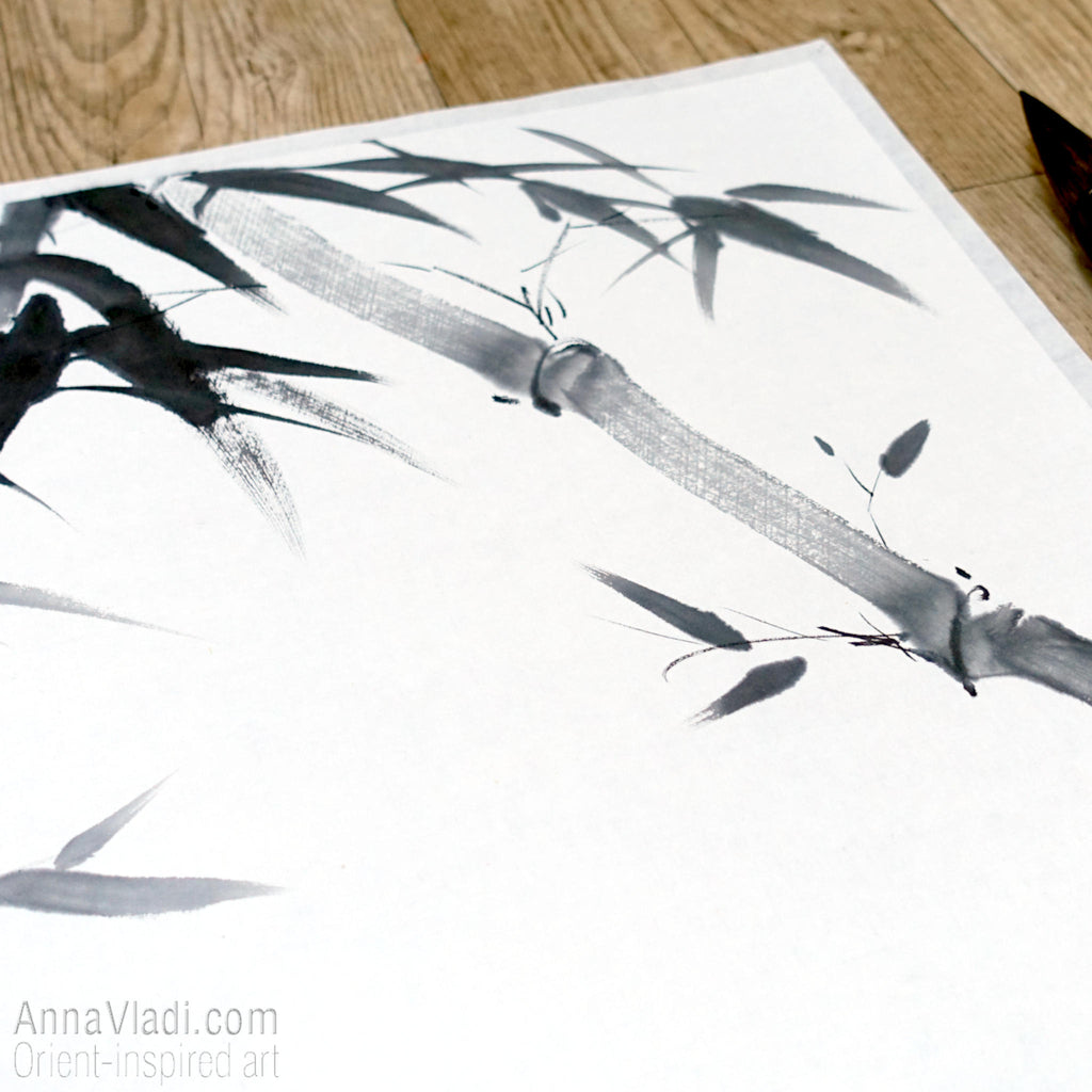Sumi-e Winter Bamboo Painting: Japanese Haiku Calligraphy Art