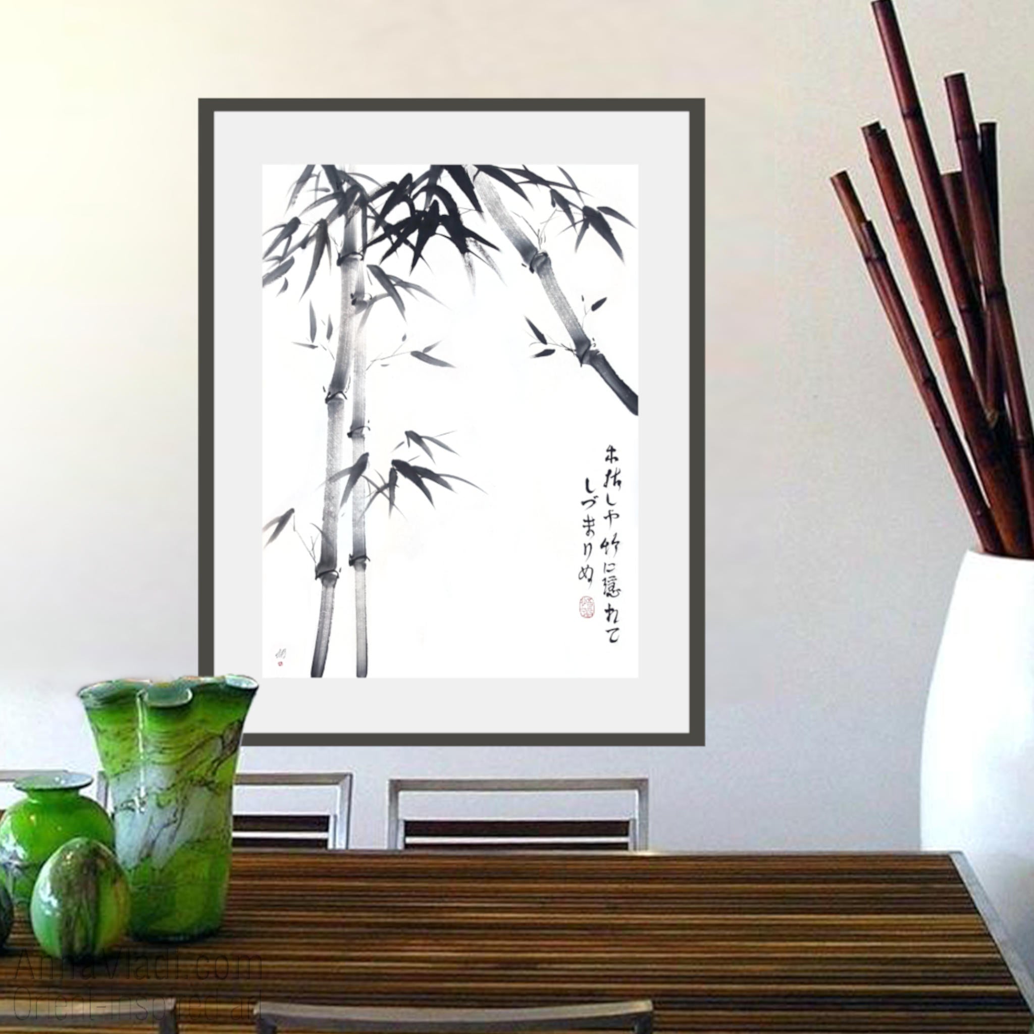 Sumi-e Winter Bamboo Painting: Japanese Haiku Calligraphy Art