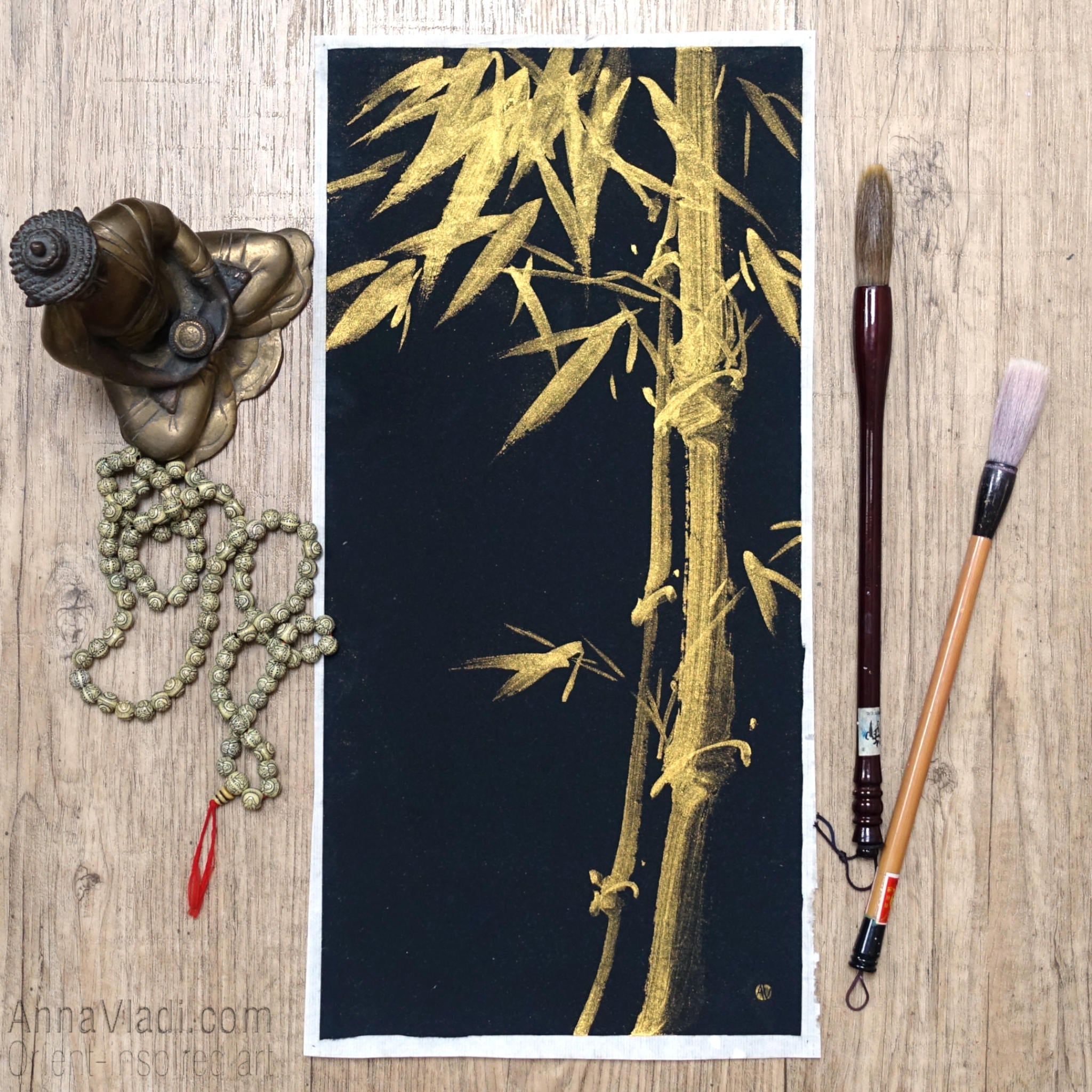 Bamboo In The Night — original minimalist painting in Japanese golden ink