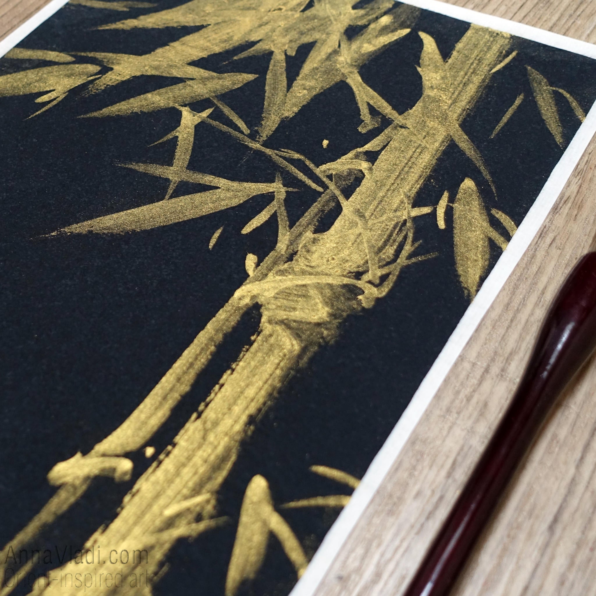 Bamboo In The Night — original minimalist painting in Japanese golden ink