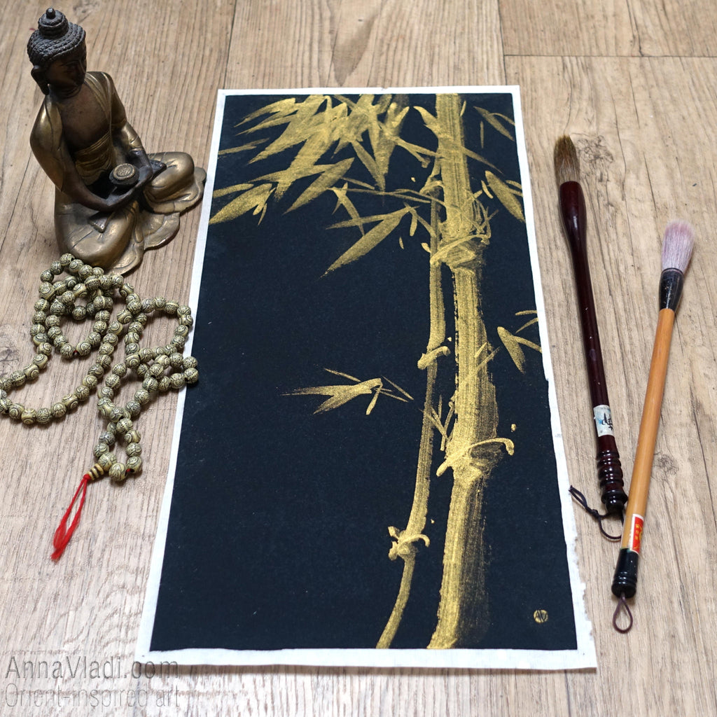 Bamboo In The Night — original minimalist painting in Japanese golden ink