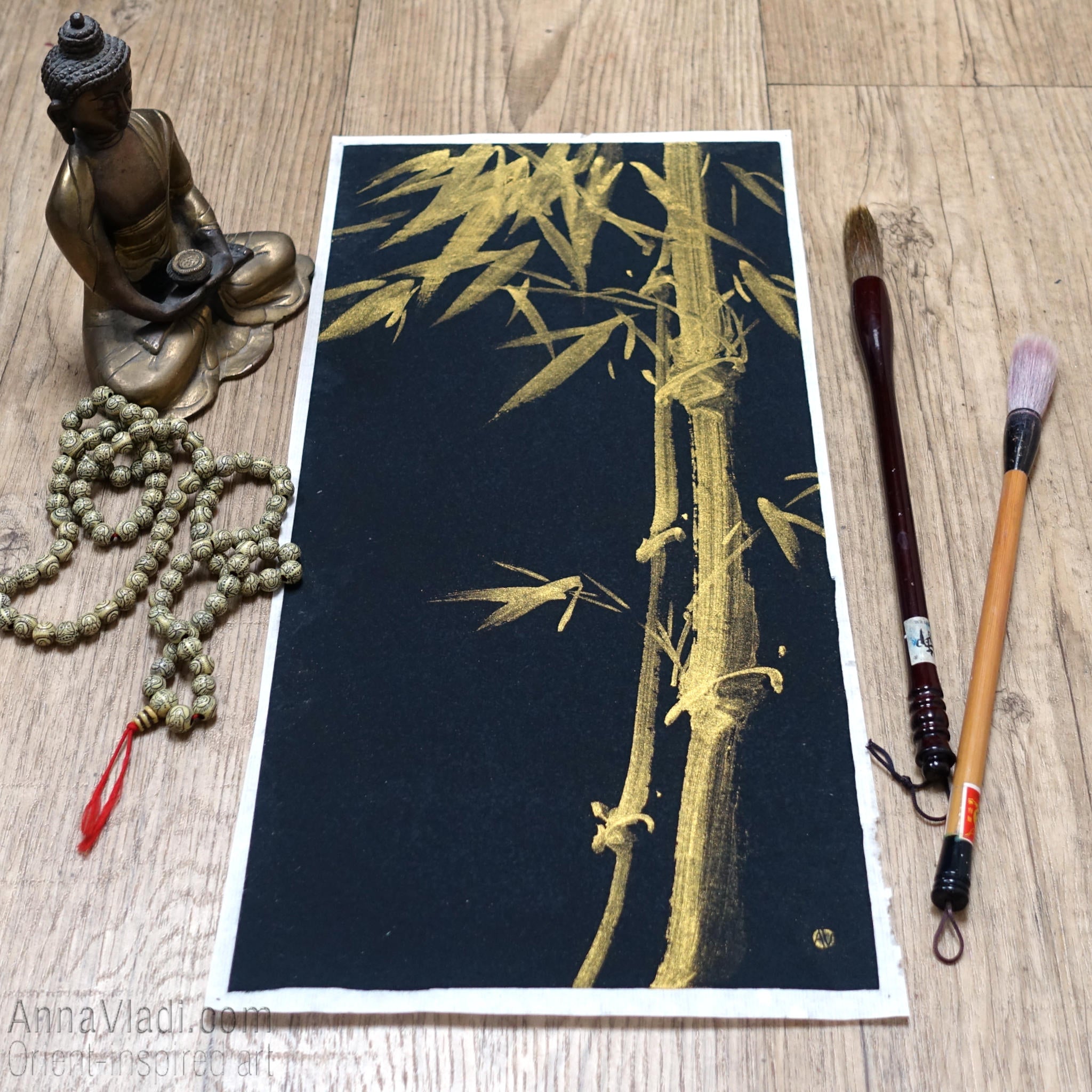 Bamboo In The Night — original minimalist painting in Japanese golden ink