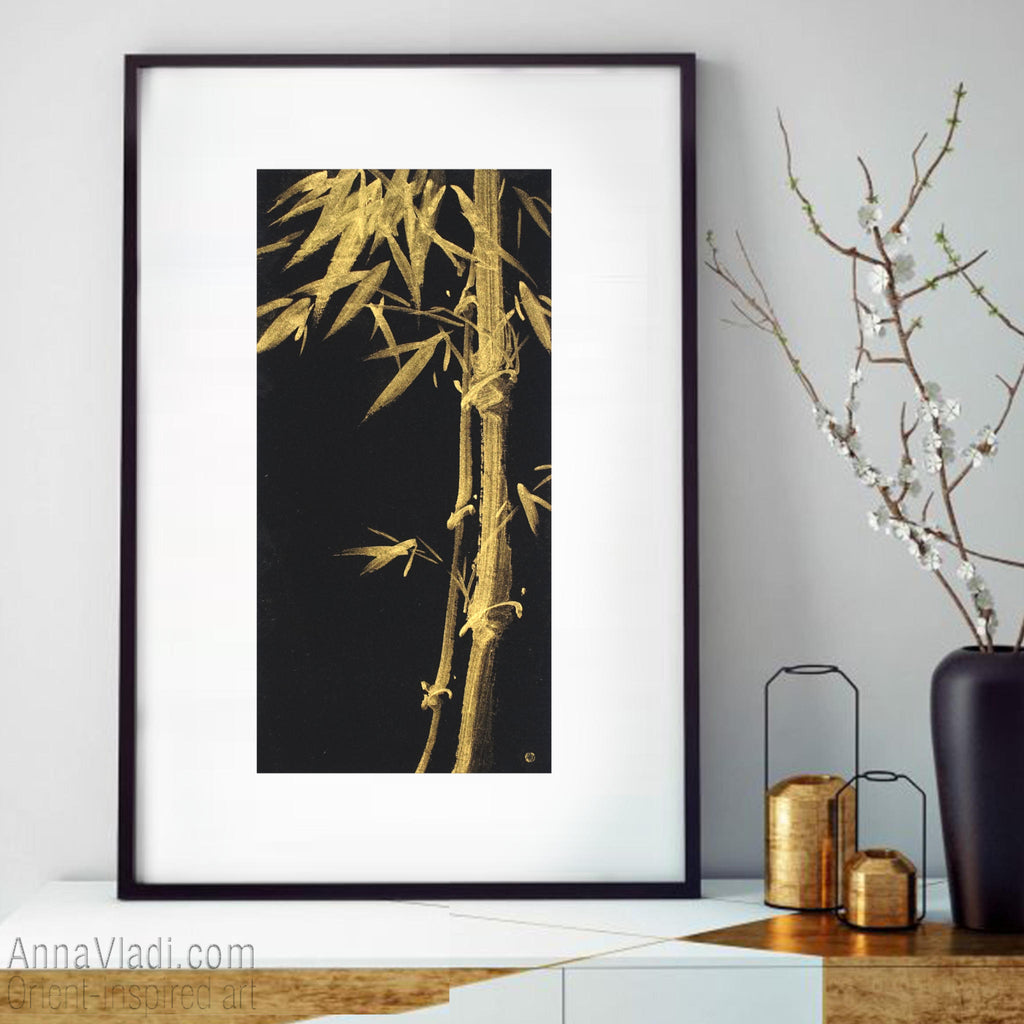 Bamboo In The Night — original minimalist painting in Japanese golden ink