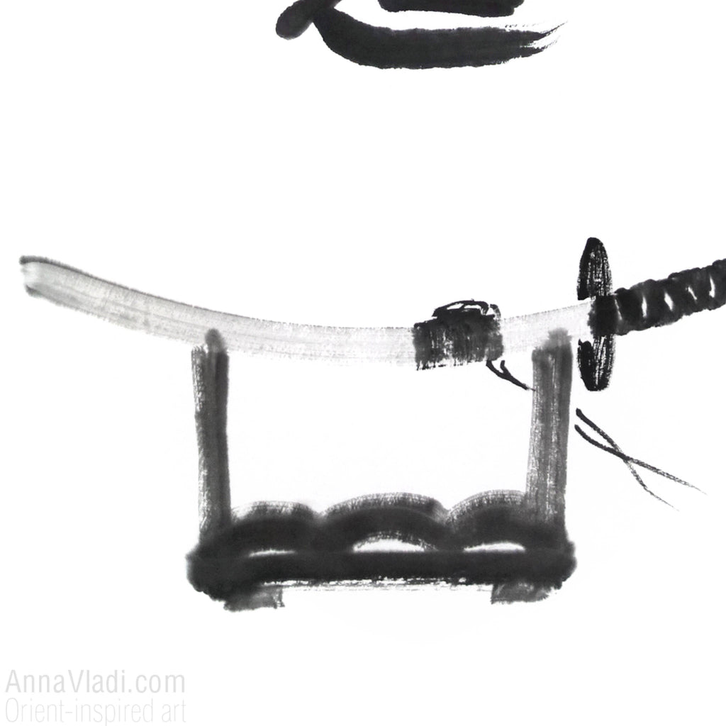 Bushido Calligraphy and Katana Samurai Sword Ink Painting, original sumi-e art