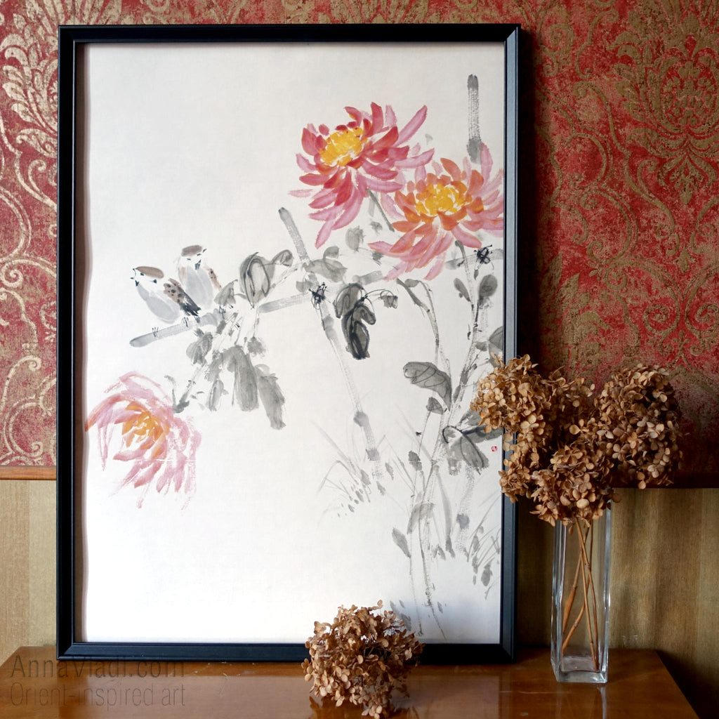 Sparrows and Chrysanthemum flowers — original sumi-e painting on Japanese rice paper
