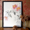 Sparrows and Chrysanthemum flowers — original sumi-e painting on Japanese rice paper
