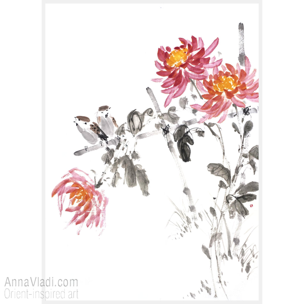 Sparrows and Chrysanthemum flowers — original sumi-e painting on Japanese rice paper