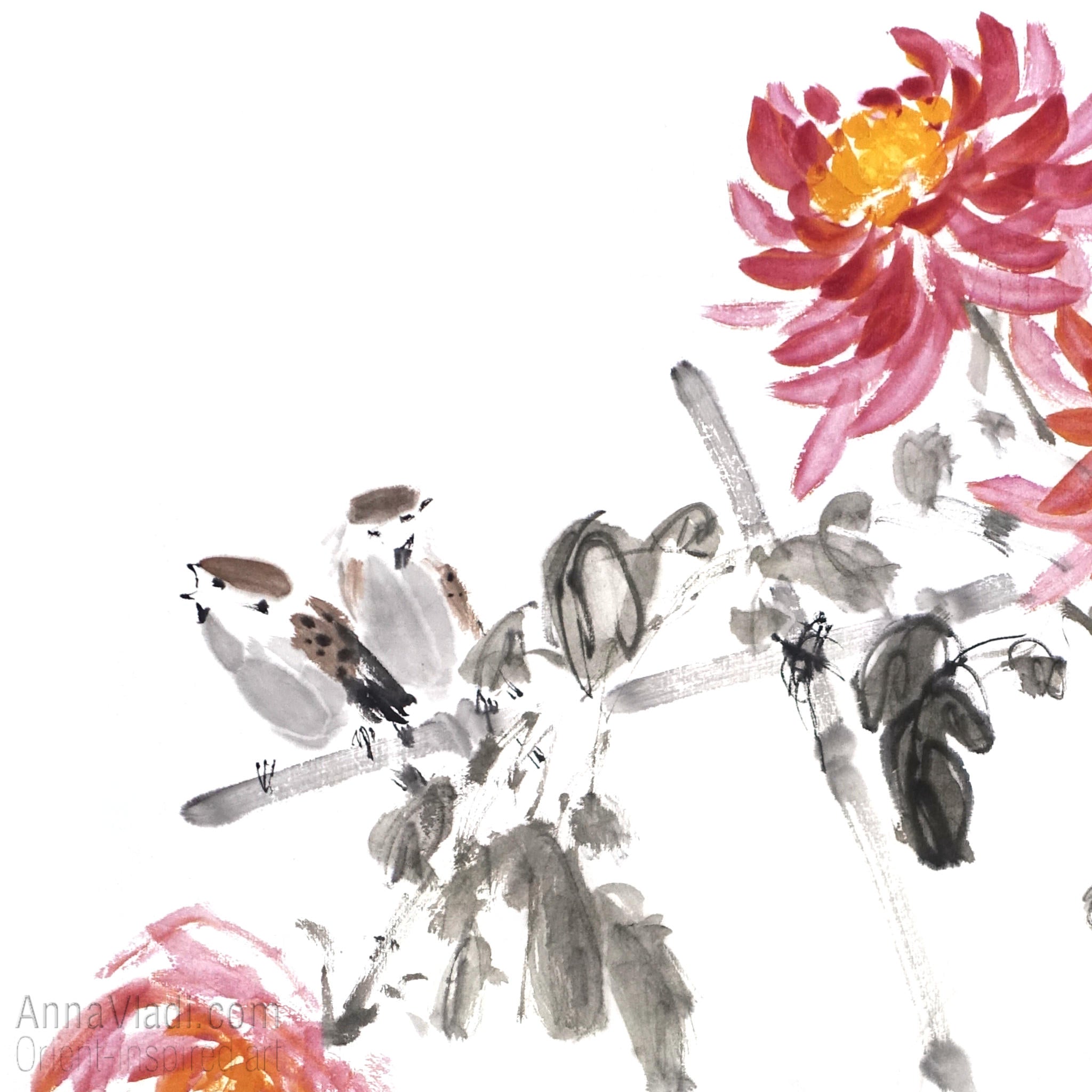 Sparrows and Chrysanthemum flowers — original sumi-e painting on Japanese rice paper