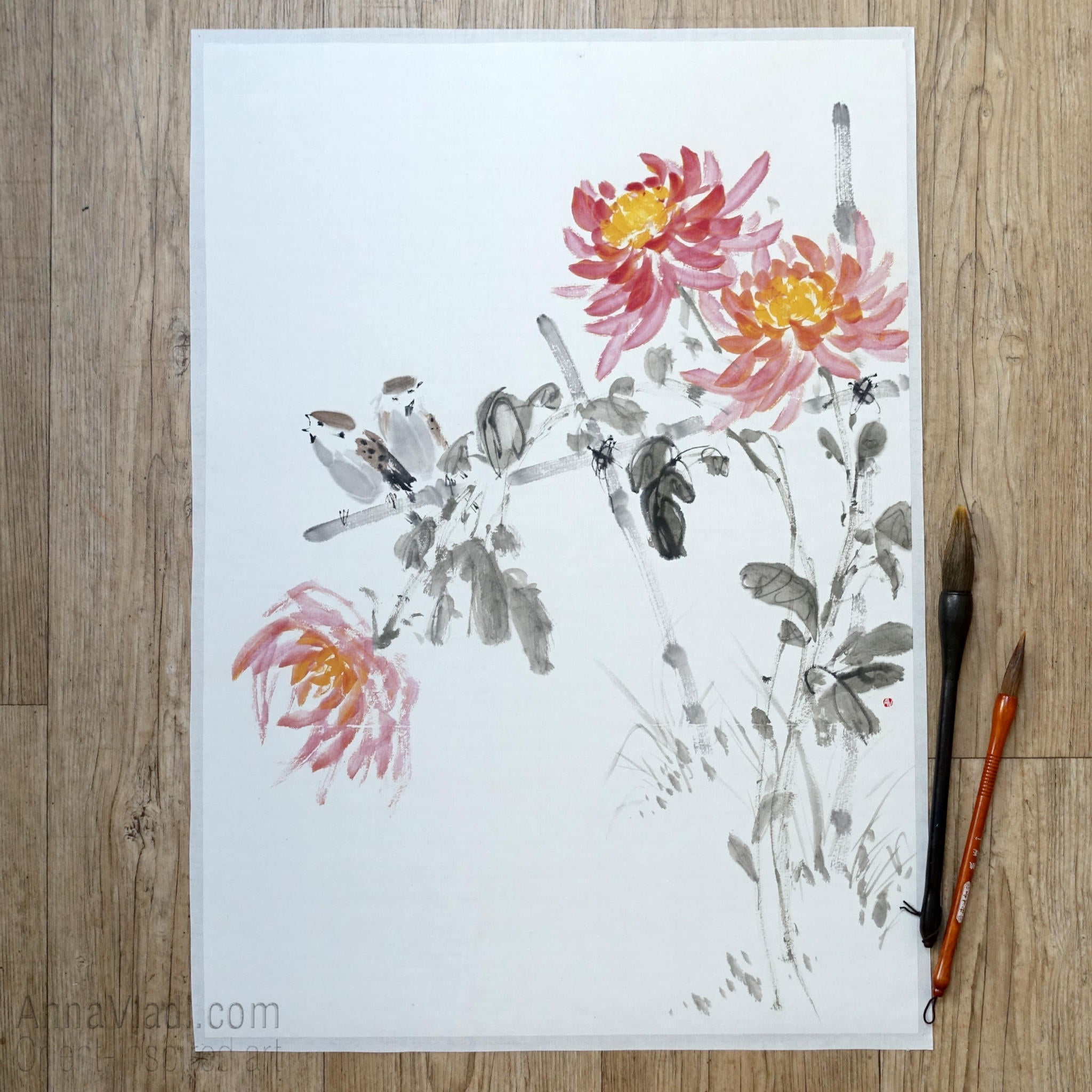 Sparrows and Chrysanthemum flowers — original sumi-e painting on Japanese rice paper
