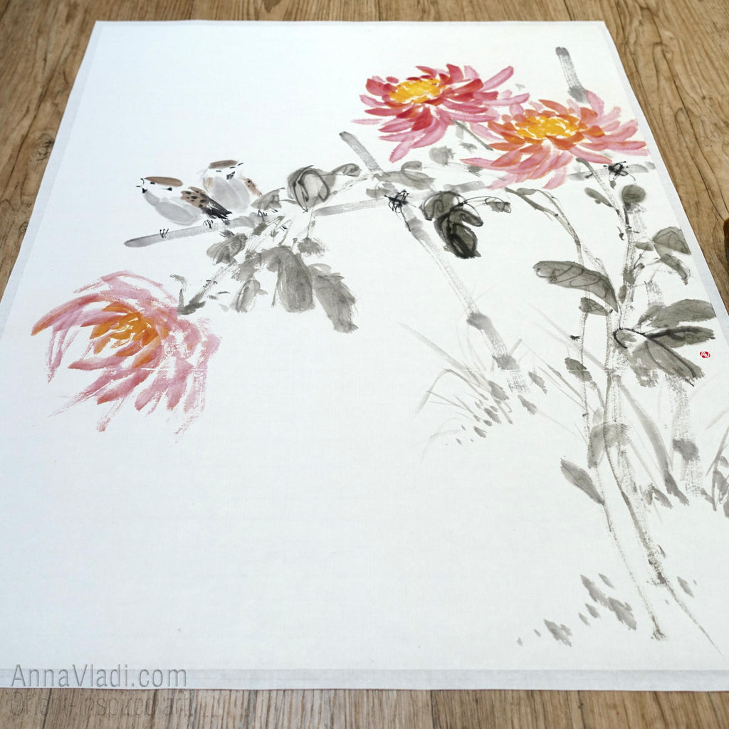 Sparrows and Chrysanthemum flowers — original sumi-e painting on Japanese rice paper