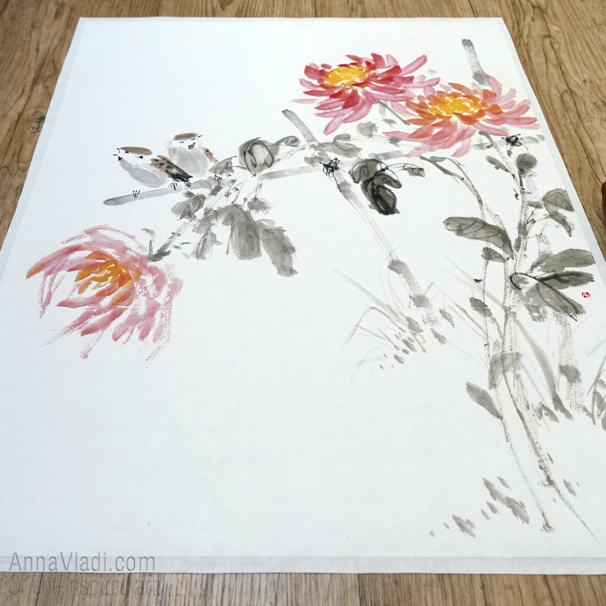 Sparrows and Chrysanthemum flowers — original sumi-e painting on Japanese rice paper