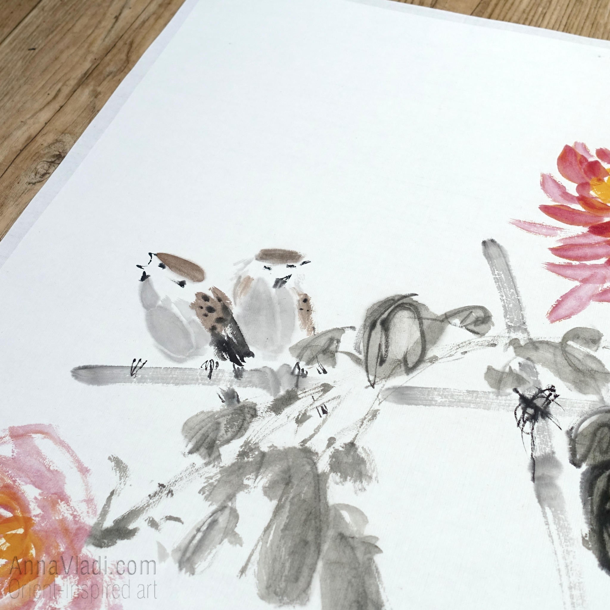 Sparrows and Chrysanthemum flowers — original sumi-e painting on Japanese rice paper