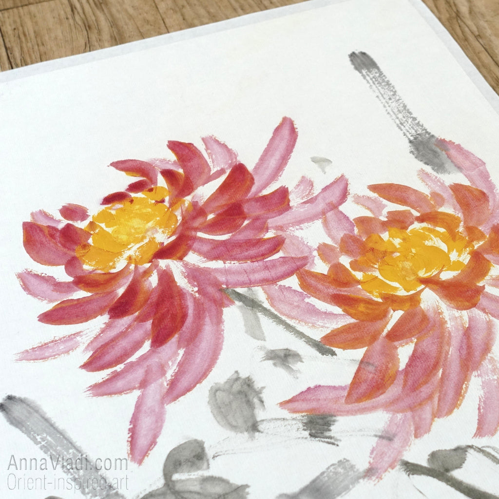 Sparrows and Chrysanthemum flowers — original sumi-e painting on Japanese rice paper