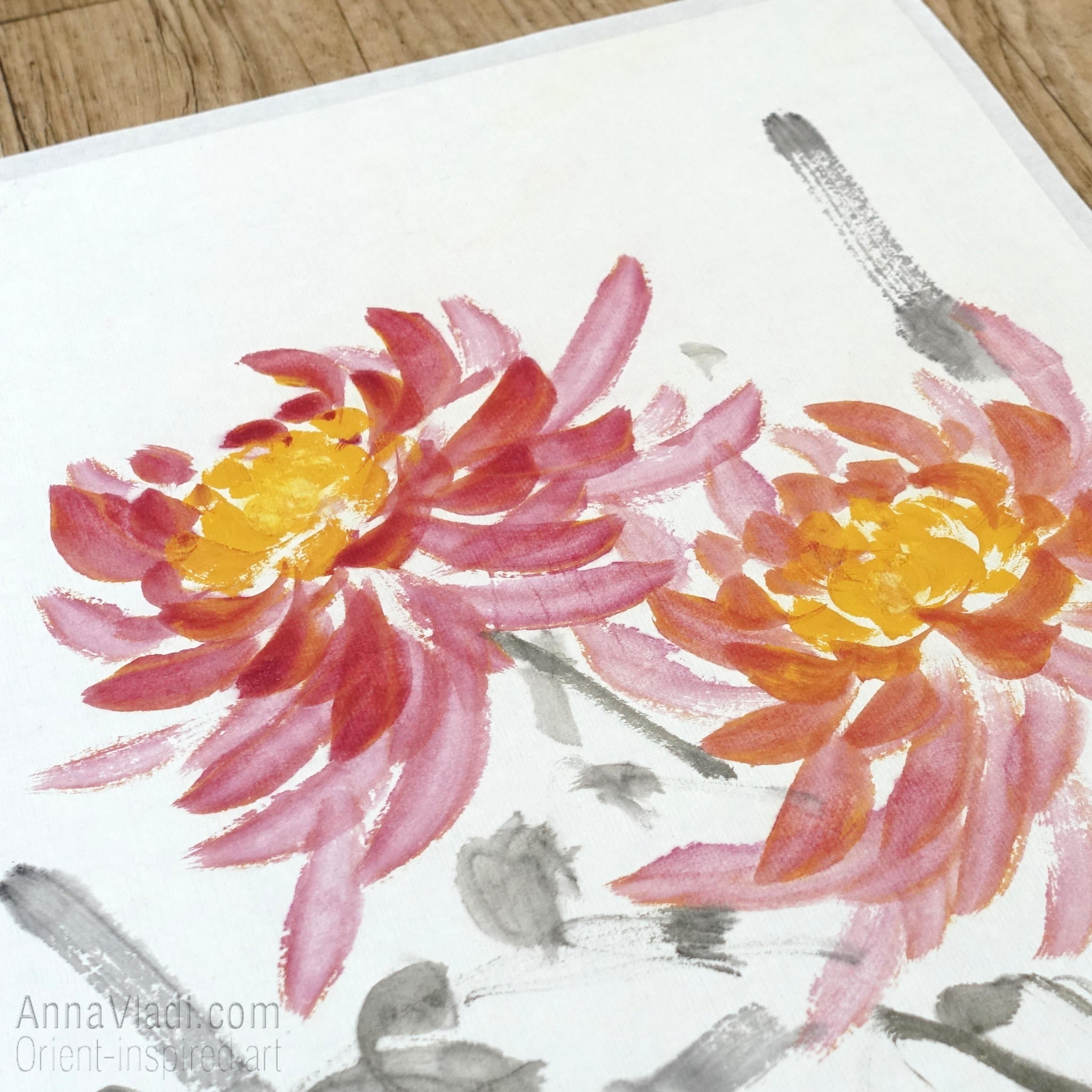Sparrows and Chrysanthemum flowers — original sumi-e painting on Japanese rice paper