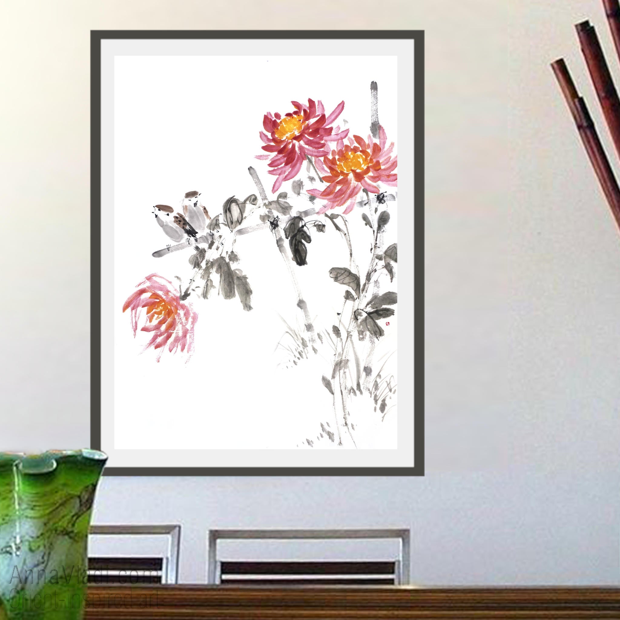 Sparrows and Chrysanthemum flowers — original sumi-e painting on Japanese rice paper
