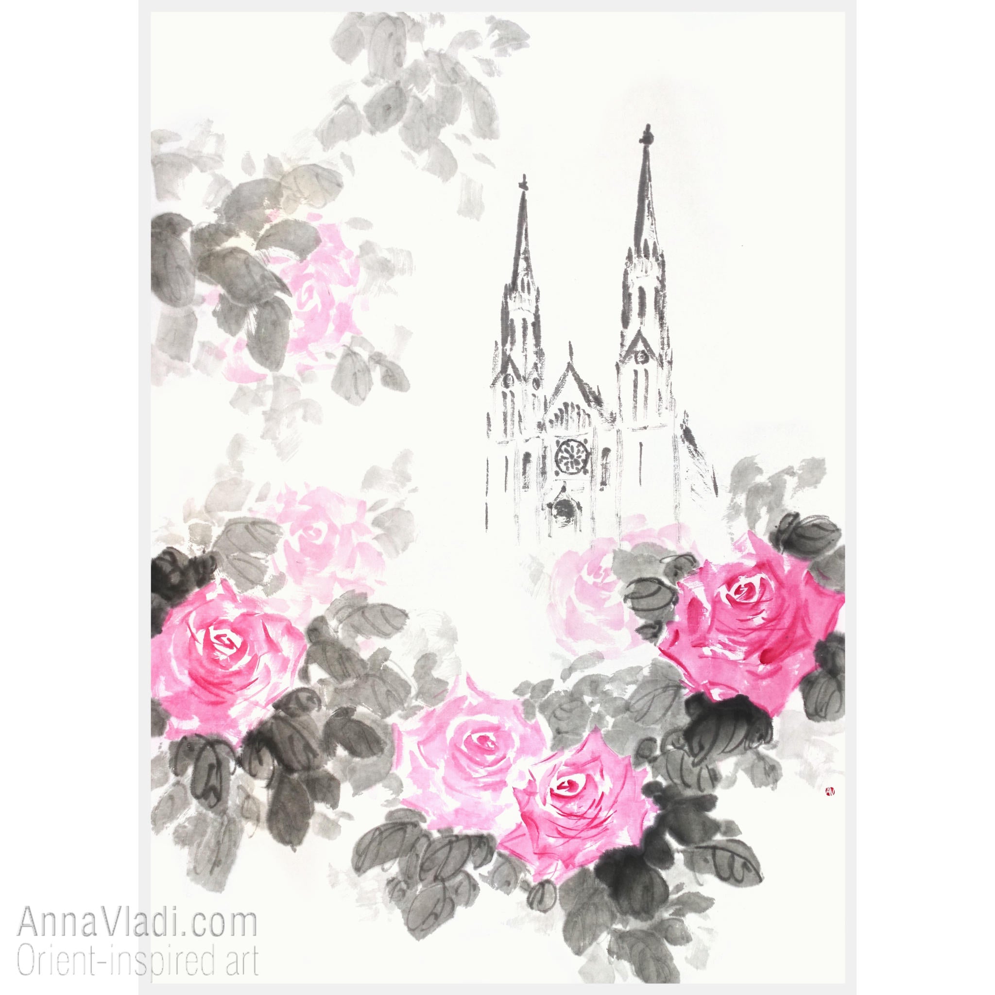 St Erzsebet Church Budapest Sumi-e Painting: Gothic Roses Art