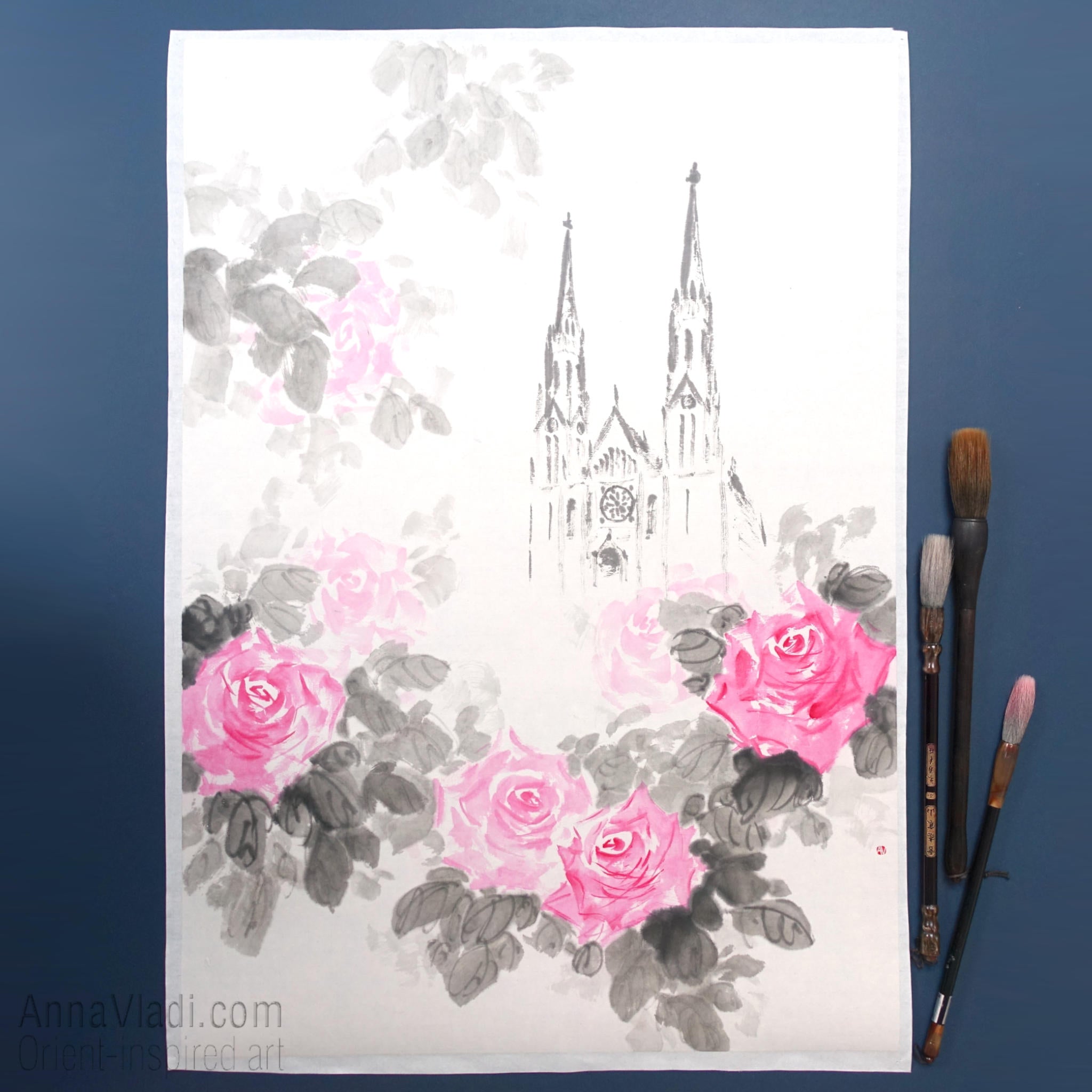 St Erzsebet Church Budapest Sumi-e Painting: Gothic Roses Art