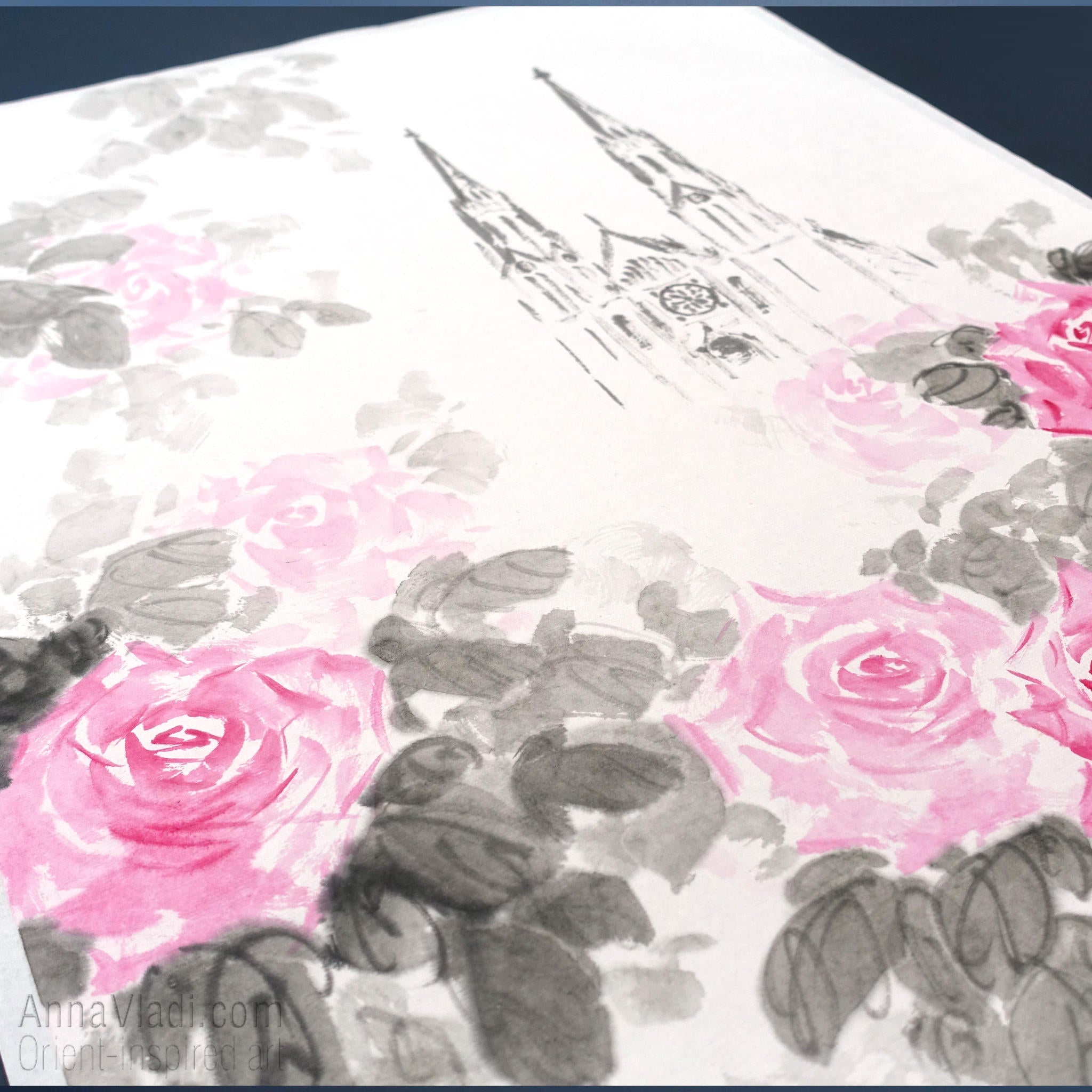 St Erzsebet Church Budapest Sumi-e Painting: Gothic Roses Art